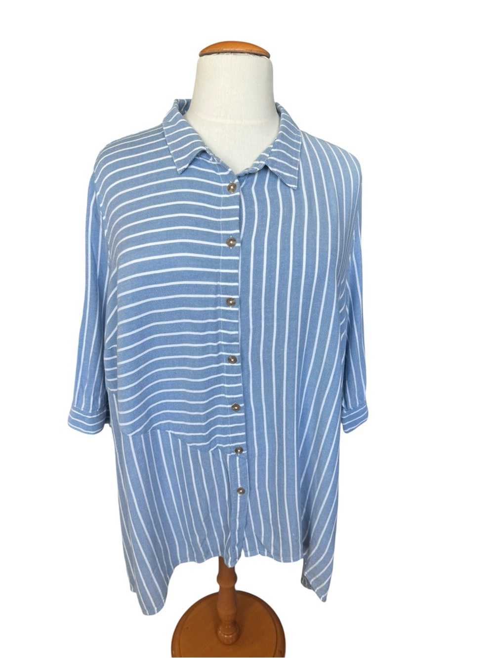 Catherines 3X Blue White Striped Button Front Tunic Coastal Blouse Nautical